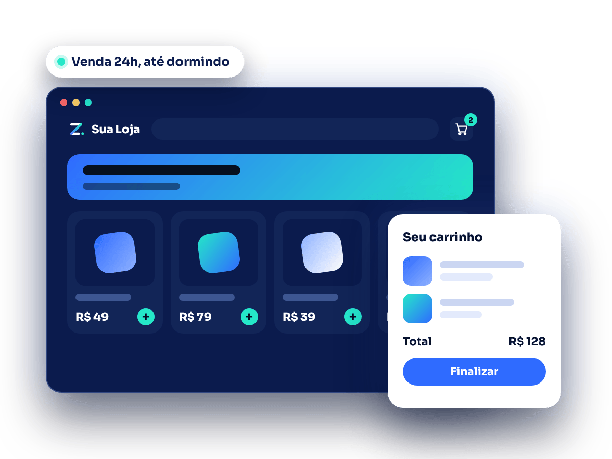 Ilustração de uma loja online com produtos, preços e um carrinho de compras aberto.