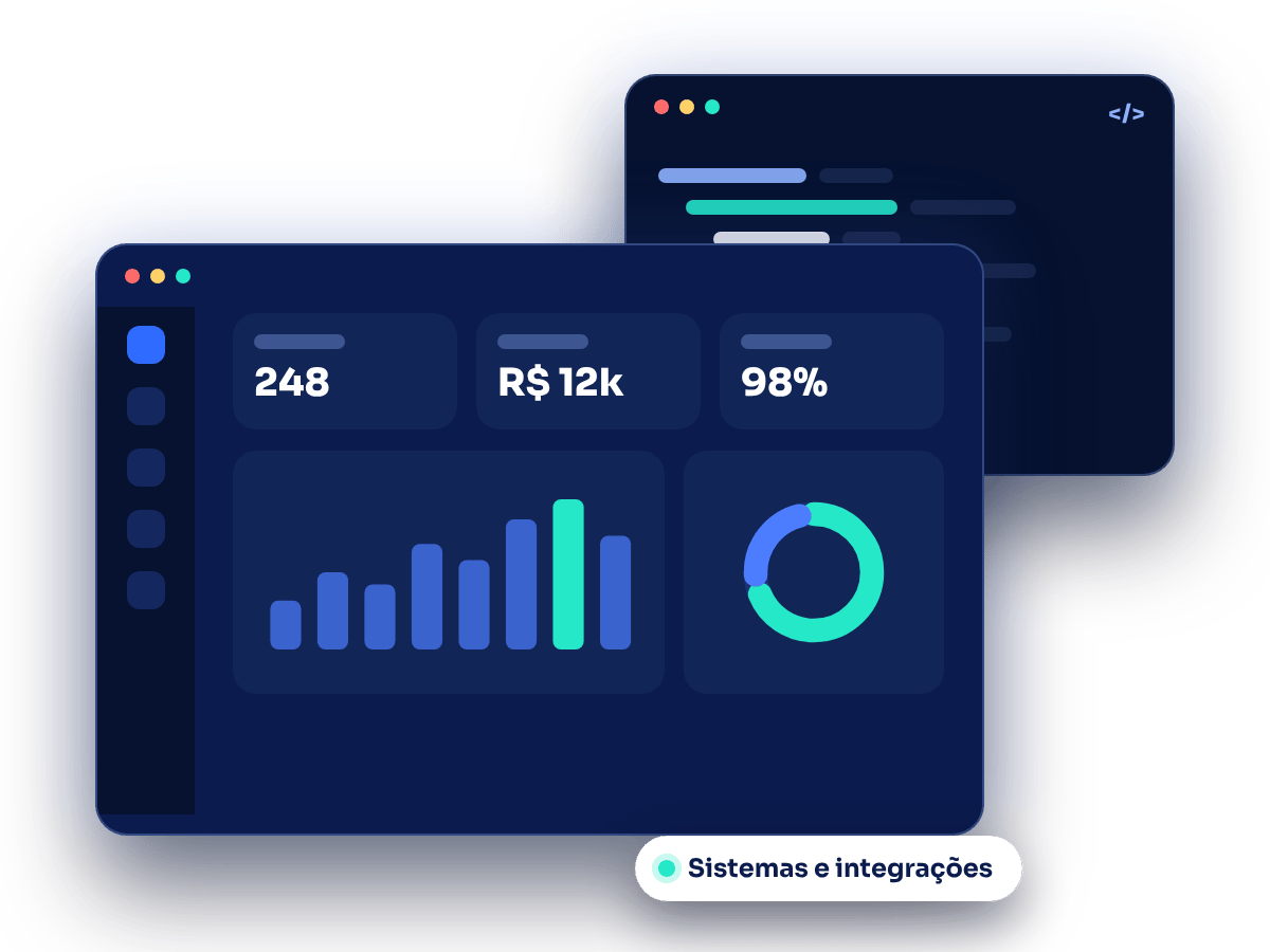 Ilustração de um painel de sistema com gráficos e uma janela de código ao fundo.